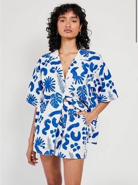 SABO Blue & White Tropical Print Women's Swim Coverup Set